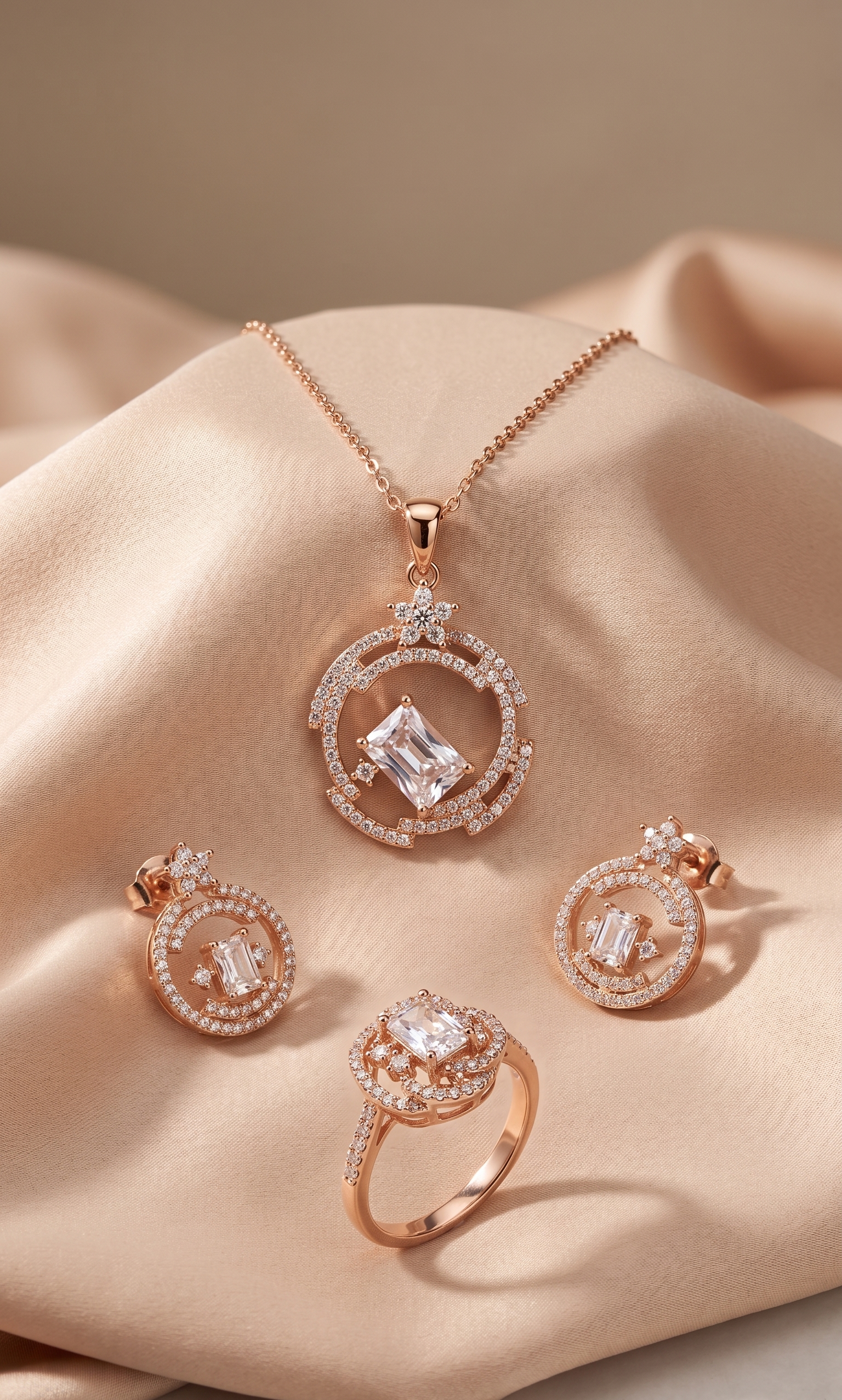 AURORA - Parure rose gold halo cristal pavé
