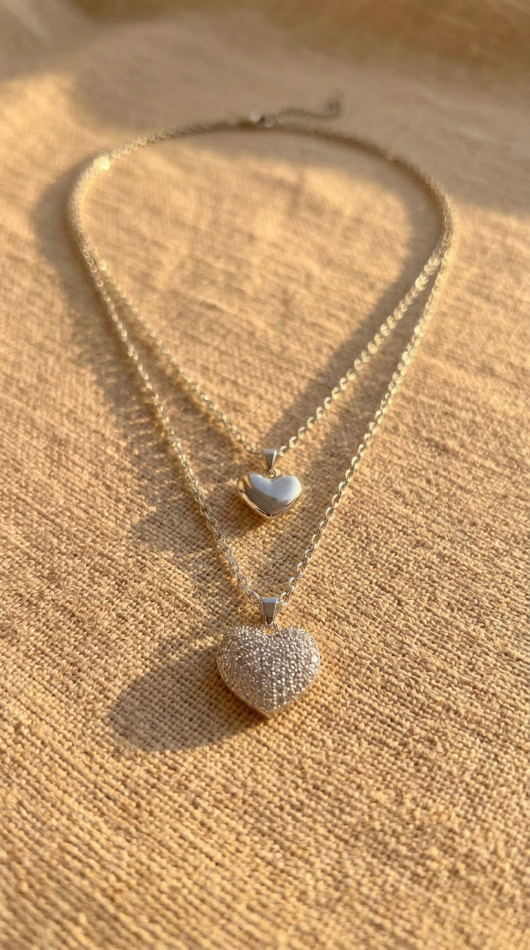 DIANA - Collier double chaîne + coeurs argent