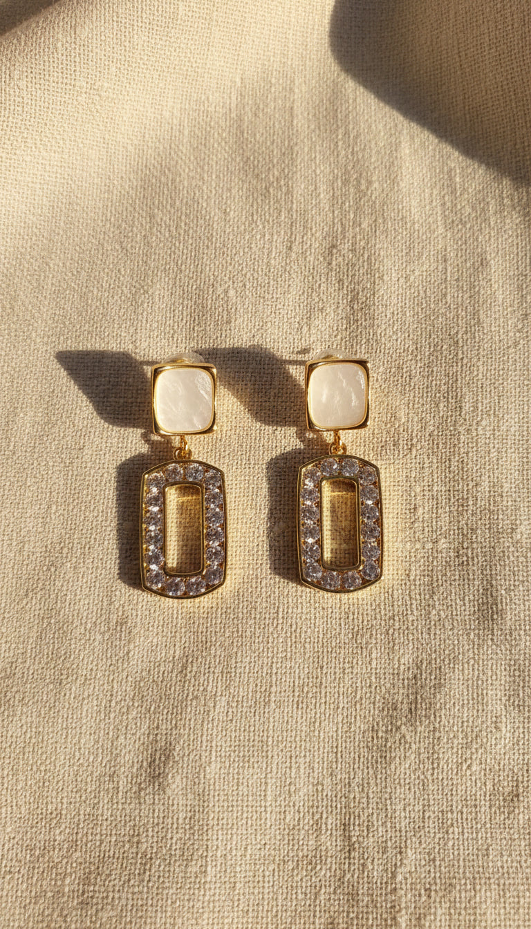 LUCIA - Boucles d'oreilles carré nacré et rectangle pavé